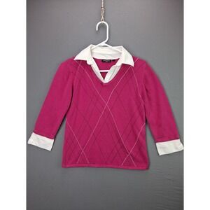Notations Sweater Top Womens Petite Medium Pink Argyle 2-in-1 Layered Collared